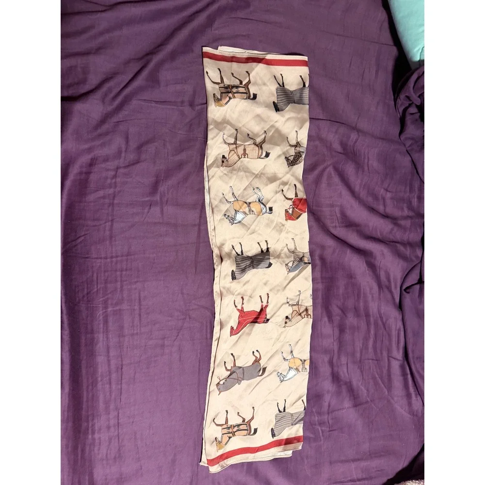 Equestrian Horse Print Satin Scarf Cream Red Border Rectangular Neck Scarf